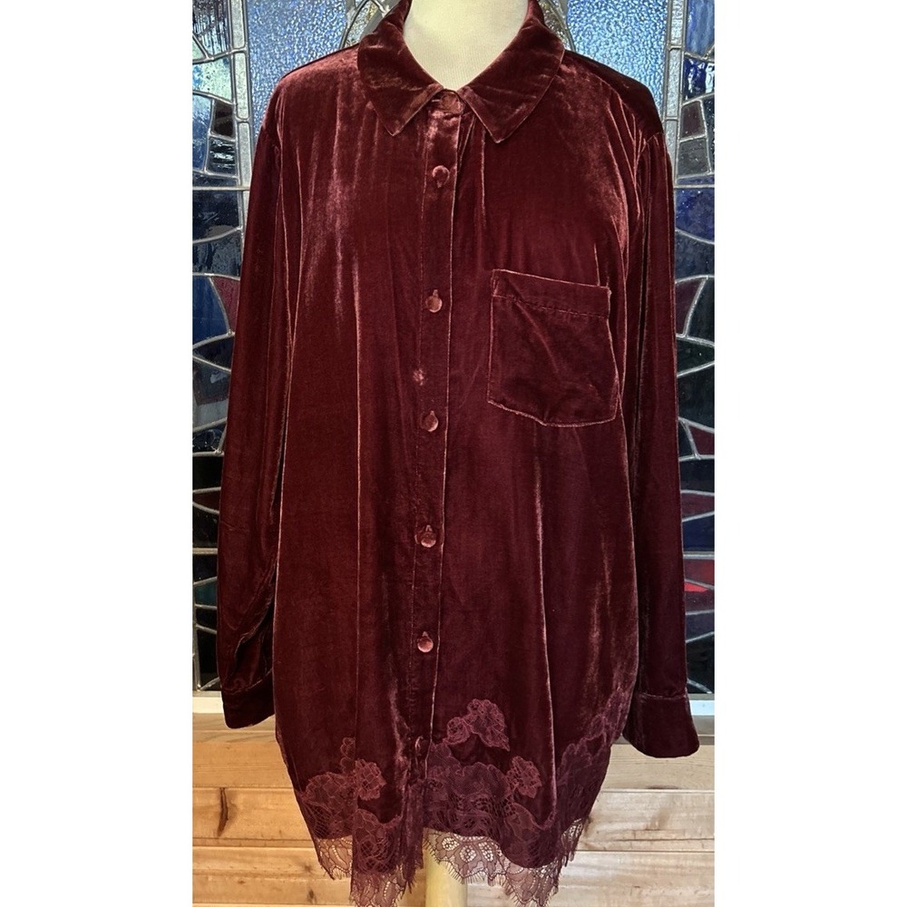 Soft Surroundings Eden Velvet and Lace Blouse in Cabernet Plus Size 3XL